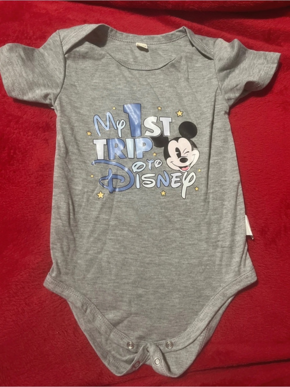Disney Gray "My 1st Trip to Disney" Mickey Bodysuit with Blue Accents